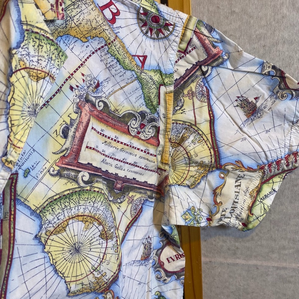 Lizwear Mens Vintage World Map Print Button Down Shirt Short Sleeve Cotton Med - Picture 8 of 13